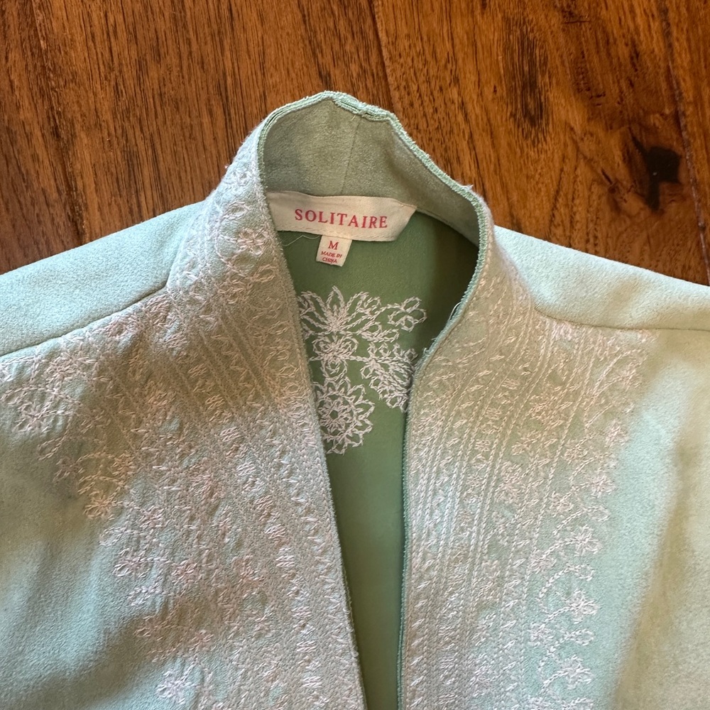 New Solitaire Light Green Embroidered Boho Faux Suede Long Coat - Picture 2 of 9